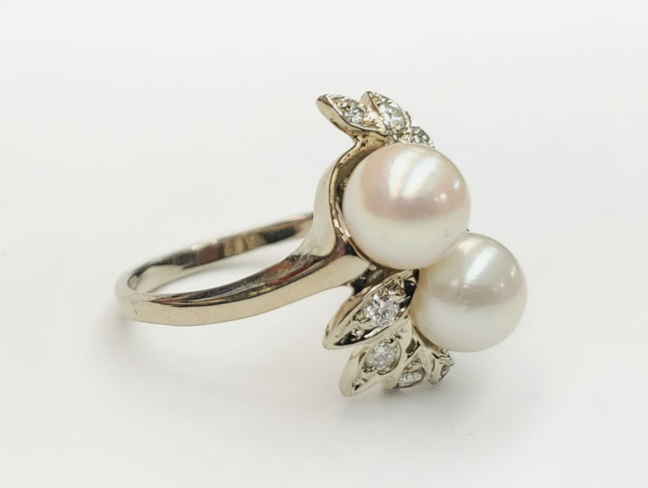 Vintage Art Deco 14k Gold Pearls And Diamonds Ring Leaves Design Size 9.5