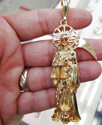 Large Grim Reaper Pendant 14K Gold Plated Santa Muerte Medalla