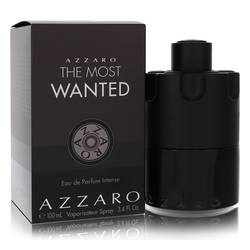Azzaro The Most Wanted cologne bottle in black color, with its packaging box, displaying the product name and the Azzaro brand logo.
