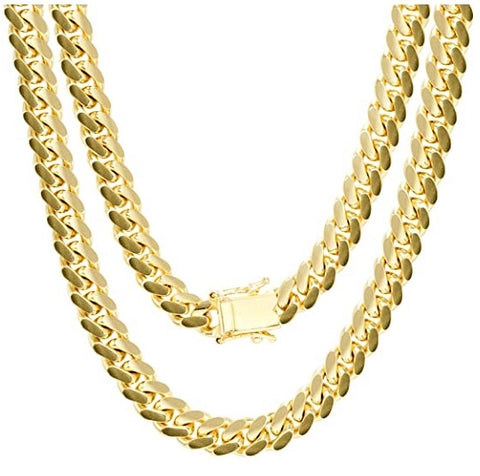 Stainless Steel Cuban Link Chain 14K Gold Plated. 10MM thickness  30 Inches Double Clasp Lock . Make a statement with the Miami Cuban Link Chain 14K Gold Plated Stainless Steel. Crafted from stainless steel and finished with a luxurious 14K gold plating, this beautiful chain is sure to dazzle and impress. With its eye-catching design and remarkable durability, this chain is the perfect accessory for a look that is both fashionable and timeless. 
