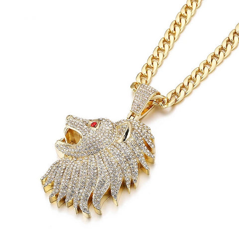 Large Lion Head Pendant Iced Out Necklace With Chain For Men.  Make a memorable statement with this Large Lion Head Iced Out Pendant Necklace With Chain. With its bold shape and detailed design, this necklace exudes confidence and power - perfect for any modern man with a bold sense of style!