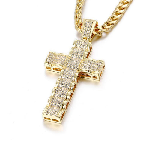 Wave-Shaped Large Cross Pendant Iced Out Necklace